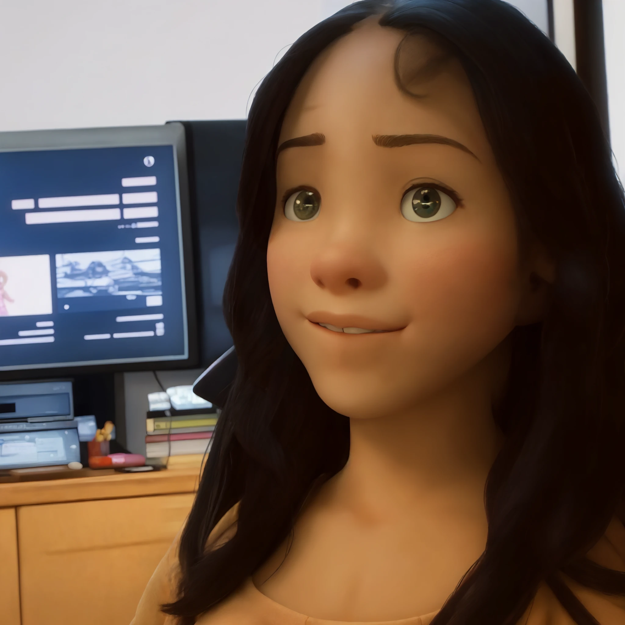 A girl with a television behind her, estilo disney pixar, alta qualidade, melhor qualidade