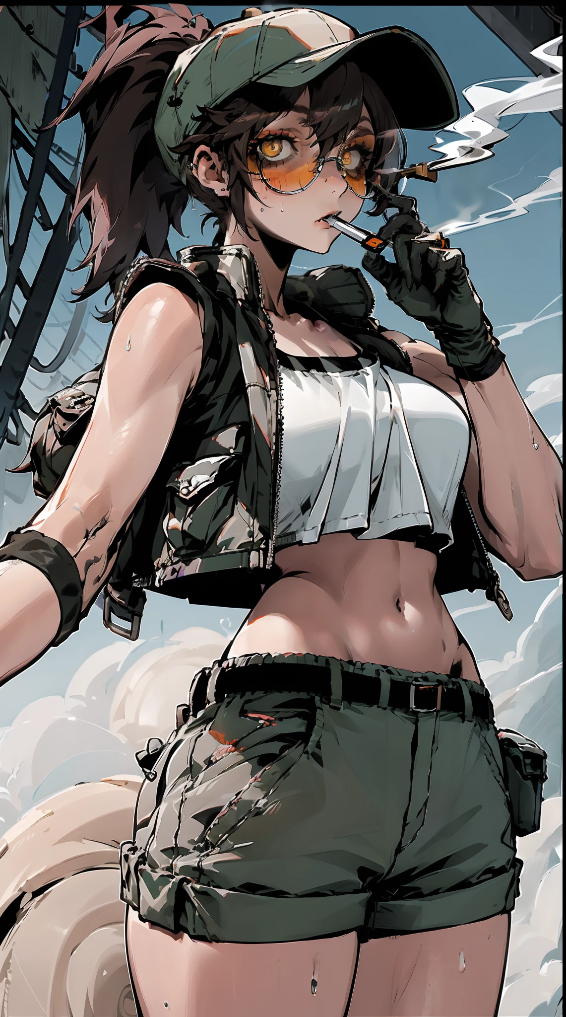 FioGermiWaifu，(shorts, crop top, gloves, round eyewear, vest, baseball cap)，Cyberworld，jk style，smoking girl，bags under eyes,eyeliner,makeup