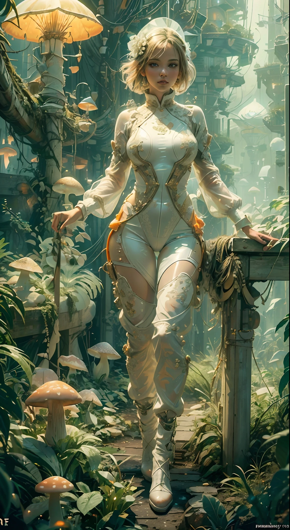 ((best quality)), ((masterpiece)), ((realistic)), (detailed), reflective luminous white:1.5, texture glossy orange:1.3, 1beautiful young woman with sticky jumpsuit (cameltoe), sexy, top to bottom photo, lots of glow neon mushrooms, mandalas, cinematic, sharp, ray tracing, brightness, luminosity