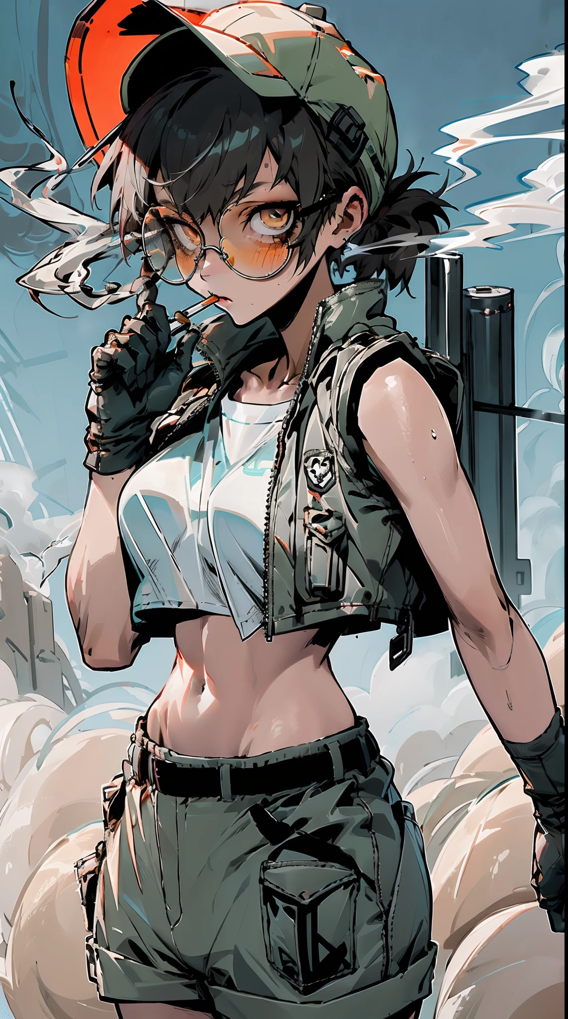 FioGermiWaifu，(shorts, crop top, gloves, round eyewear, vest, baseball cap)，Cyberworld，jk style，smoking girl，bags under eyes,eyeliner,makeup