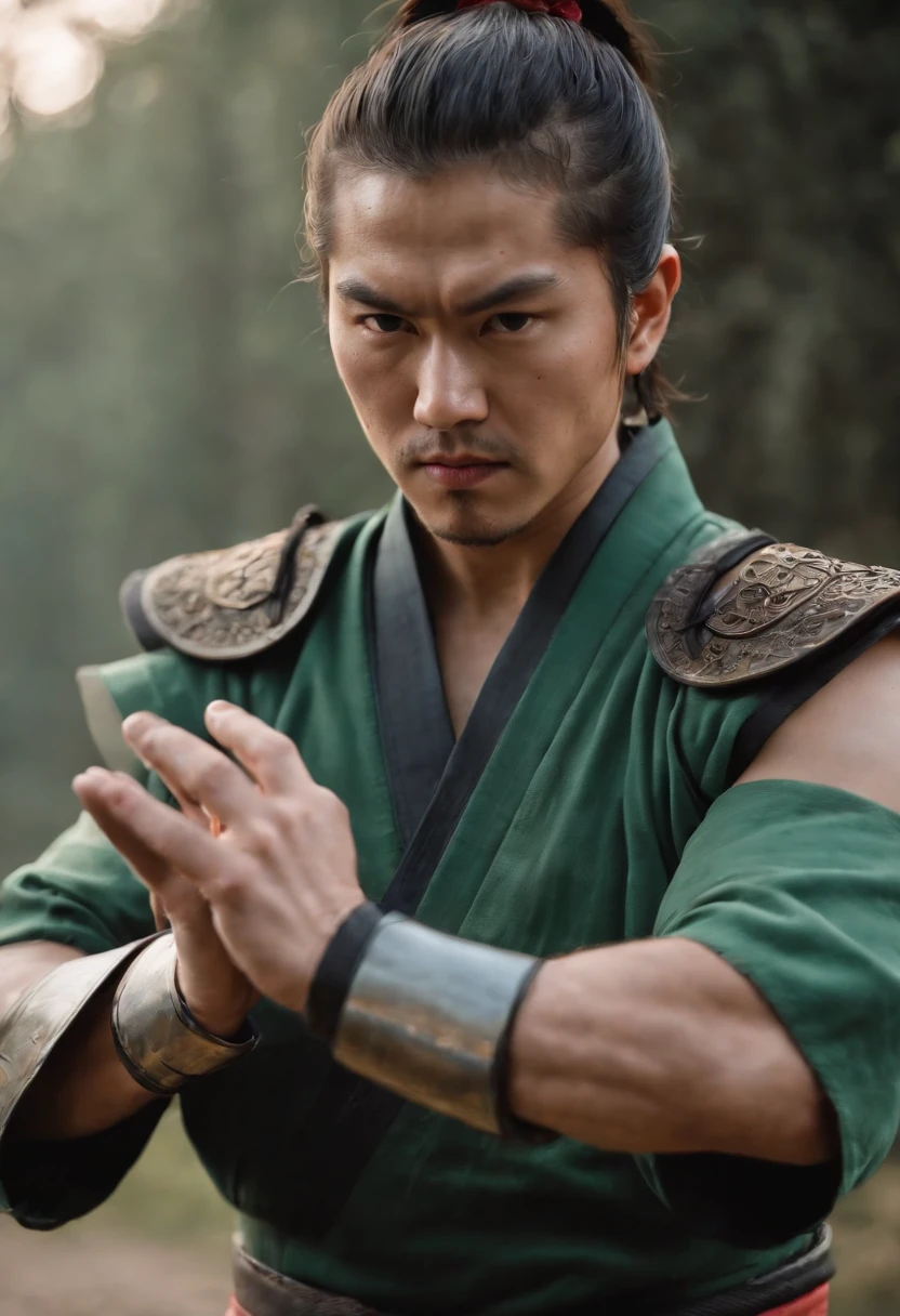 Samurai baseado no escorpion( Mortal Kombat.) Holding two katanas in two hands, expression of anger and hatred, Japanese man in his twenties, olhos verdes, attack expression ( both hands have five fingers.)