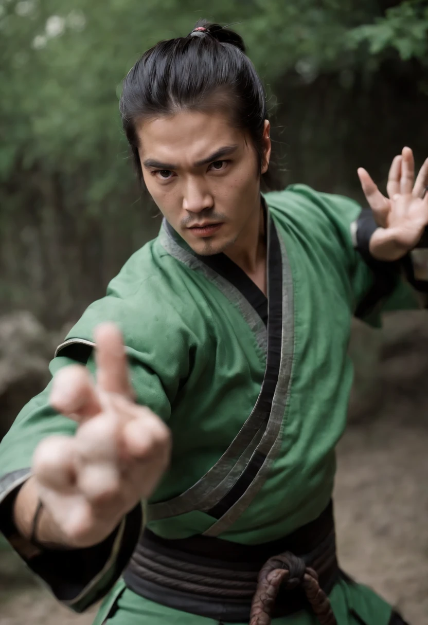 Samurai baseado no escorpion( Mortal Kombat.) Holding two katanas in two hands, expression of anger and hatred, Japanese man in his twenties, olhos verdes, attack expression ( both hands have five fingers.)