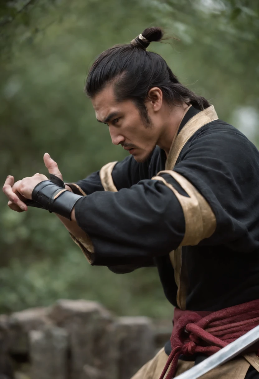 Samurai baseado no escorpion( Mortal Kombat.) Holding two katanas in two hands, expression of anger and hatred, Japanese man in his twenties, olhos verdes, attack expression ( both hands have five fingers.)