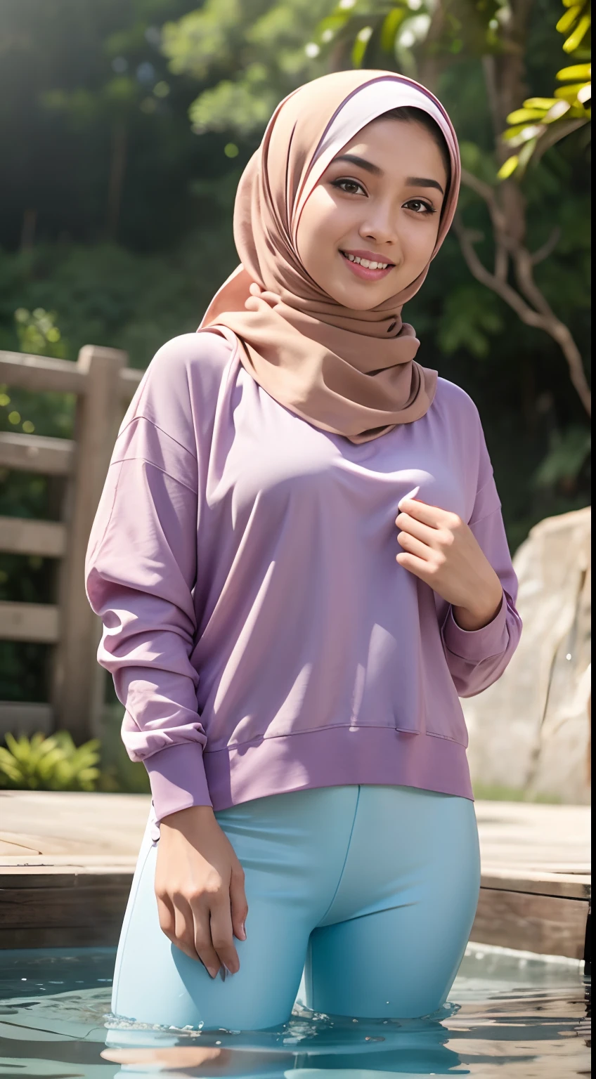 RAW, Best quality, high resolution, masterpiece: 1.3), beautiful Malay woman in hijab (iu:0.8),Best quality, high resolution, Masterpiece: 1.3, Beautiful hijabi malay girl, Masterpiece, Soft smile,Beautiful Malay women wear pastel color hijab standing in water park , in waterpoll,bright sunshine, hiking clothes, pullover, long pants, highres,4k,HDR,1girl, photorealistic, realistic,sweat skin, wet clothes, wet body, big breast, ((full body))soaked, dripping, smiling at viewer, closeup