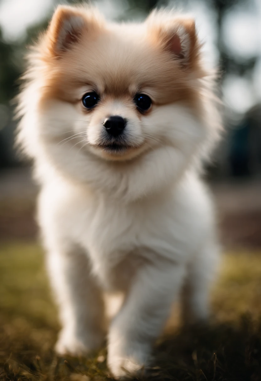 Cute white puppy，pomeranian，Long hairs，Black eyes，Moist eyes，Mao obediently，Ears stand up，The background is a playground，Bright surroundings，