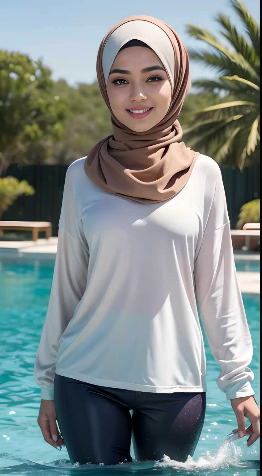 RAW, Best quality, high resolution, masterpiece: 1.3), beautiful Malay woman in hijab (iu:0.8),Best quality, high resolution, Masterpiece: 1.3, Beautiful hijabi malay girl, Masterpiece, Soft smile,Beautiful Malay women wear pastel color hijab standing in water park , in waterpoll,bright sunshine, hiking clothes, pullover, long pants, highres,4k,HDR,1girl, photorealistic, realistic,sweat skin, wet clothes, wet body, big breast, ((full body))soaked, dripping, smiling at viewer, closeup