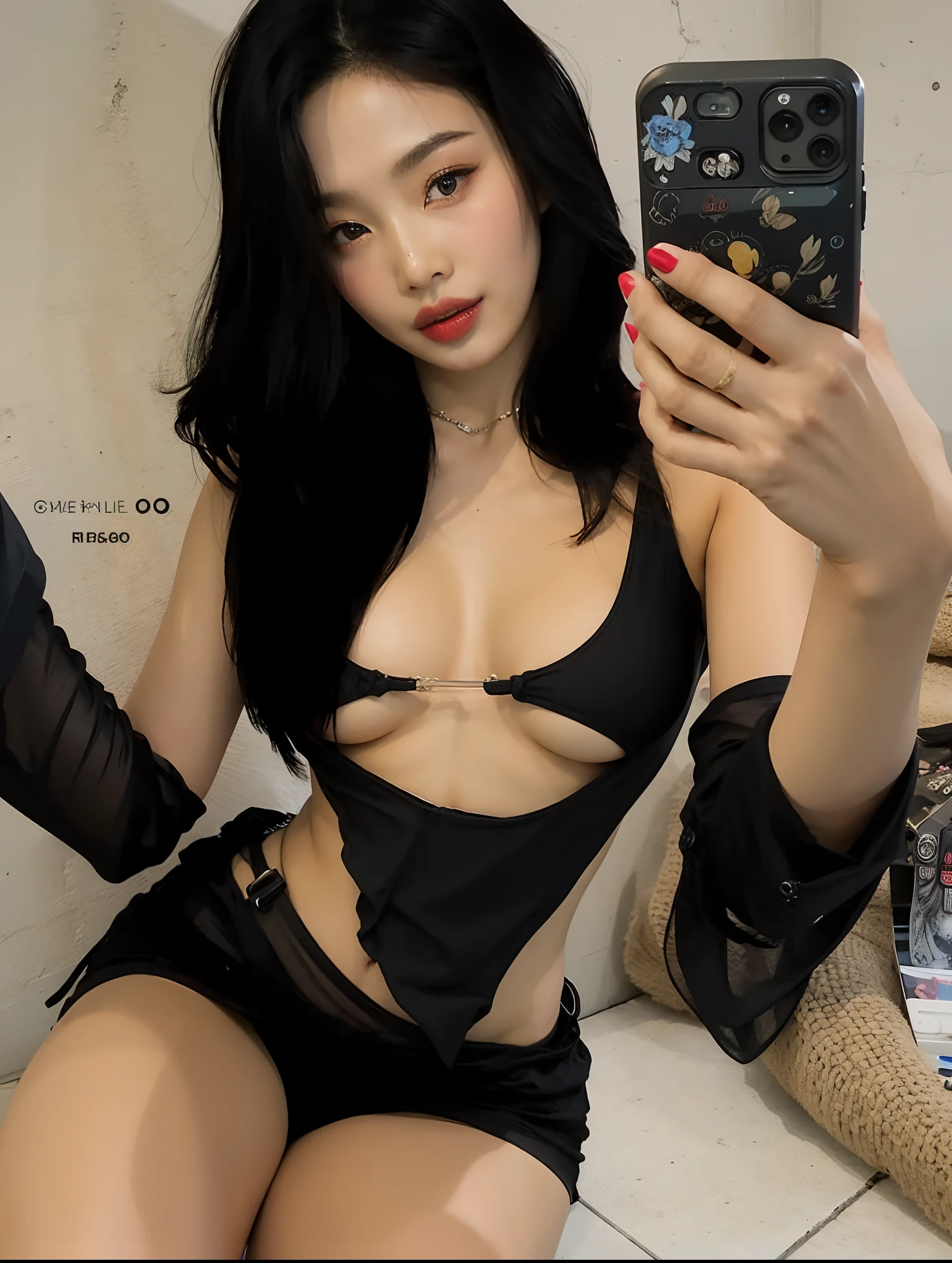 Araffe asian woman in a black lingerie holding a mobile phone, cruel korean goth girl, Asian girl,  coreana, roupa reveladora, Modelo do Instagram, Tumblr, olhar sexy, in a black betch bra, tiny black bra, her navel is exposed, sexy :8, roupa muito sexy, 18 anos, sexy look at the camera, asian female