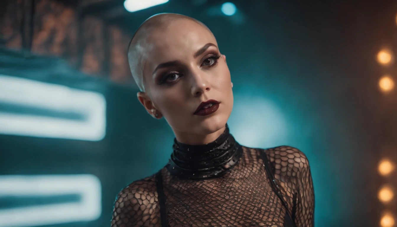 Beautiful shaved head woman dressed in fishnet bodysuit dancing in an underground rave, black make-up, techno aesthetic, techno rave, sensual pose, ultra detailed, photorealistic, masterpiece.