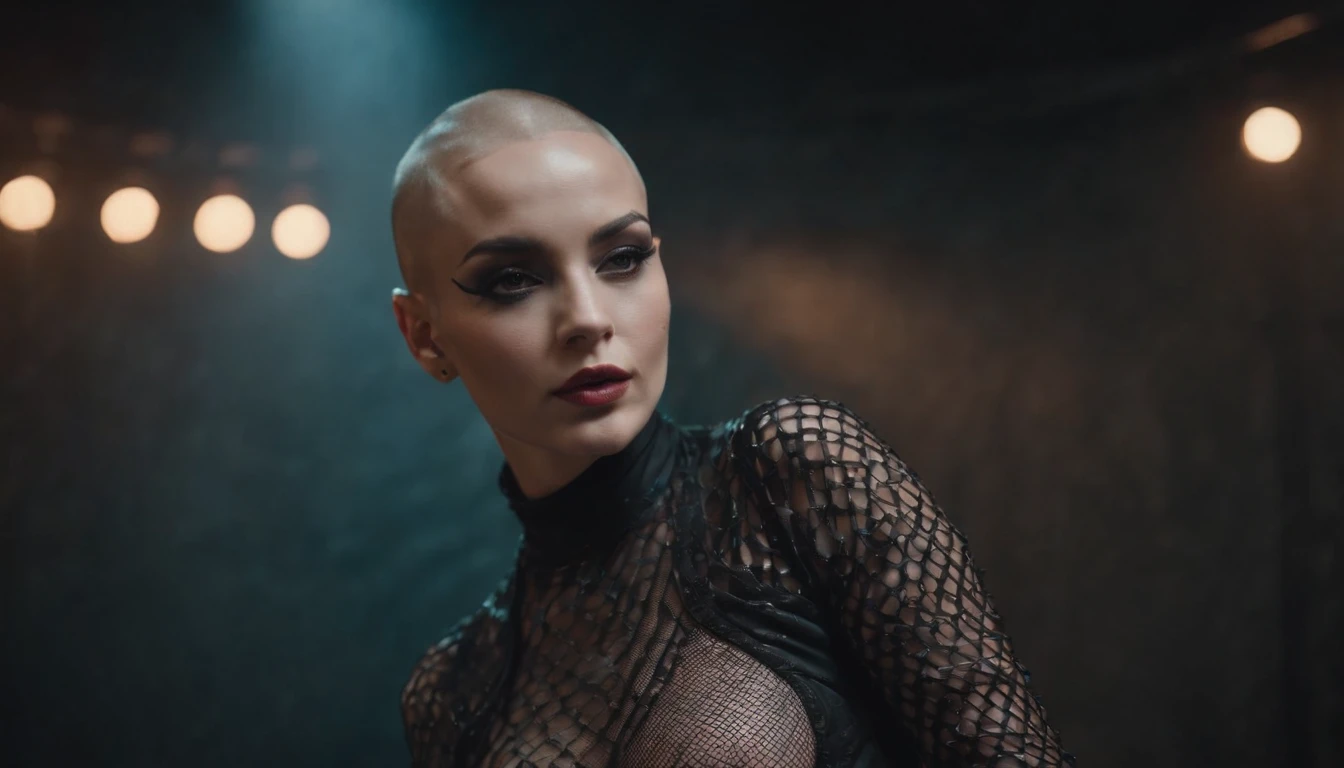 Beautiful shaved head woman dressed in fishnet bodysuit dancing in an underground rave, black make-up, techno aesthetic, techno rave, sensual pose, ultra detailed, photorealistic, masterpiece.