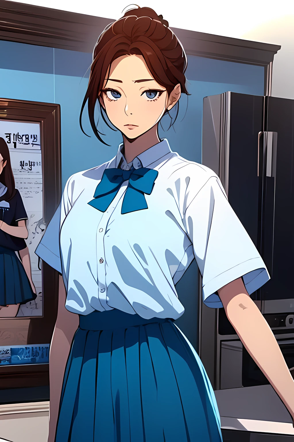 1girl, korean girl, manhwa girl, korean, wearing uniform, light blue skirt, white shirt, manhwa, manhwa art style