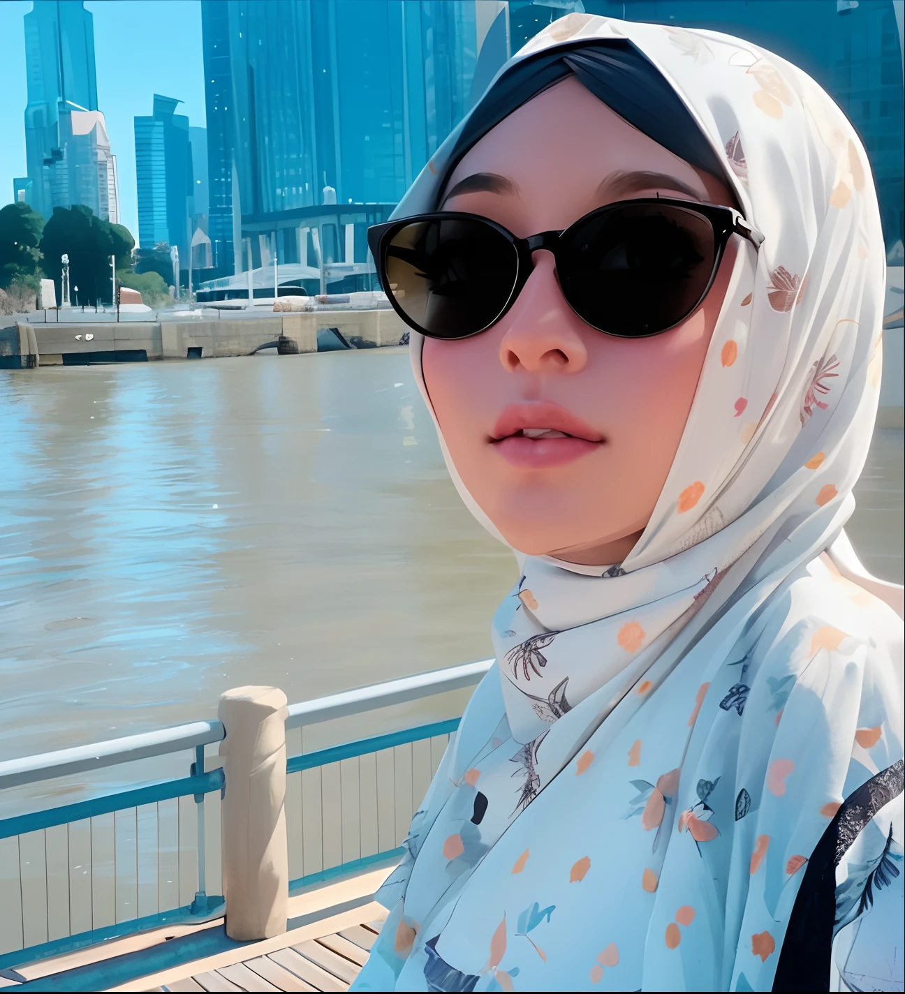 woman wearing a headscarf and sunglasses standing on a bridge, 3 2 years old, 2 9 years old, 2 8 years old, 2 7 years old, 38 years old, 3 0 years old woman, 30 years old woman, at the waterside, faridah malik, 3 6 years old, sunny day time, photo taken in 2 0 2 0