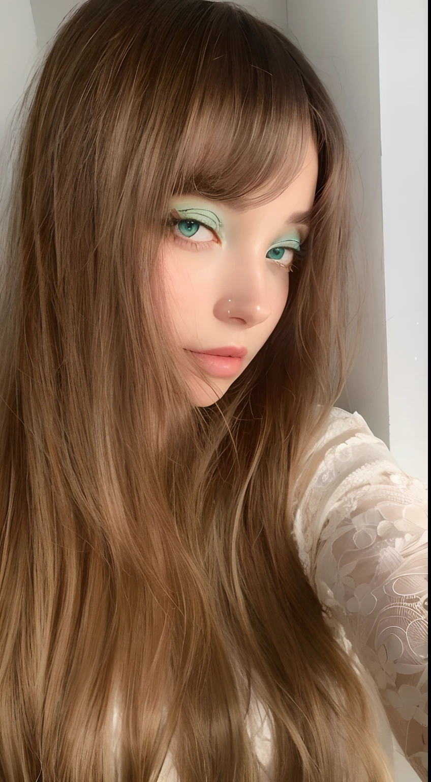 mulher arafed com longos cabelos castanhos e olhos verdes e uma camisa branca, Mint Green Eyes, linda Delphine, ((tons de azul esverdeado)), bright mint face, tons de azul e verde e vermelho, com longos cabelos azul-turquesa, tons de verde e vermelho, com cabelos longos e olhos penetrantes, com franja, franja de cortina, olhos coloridos de jade, olhos turquesa, maquiagem pastel