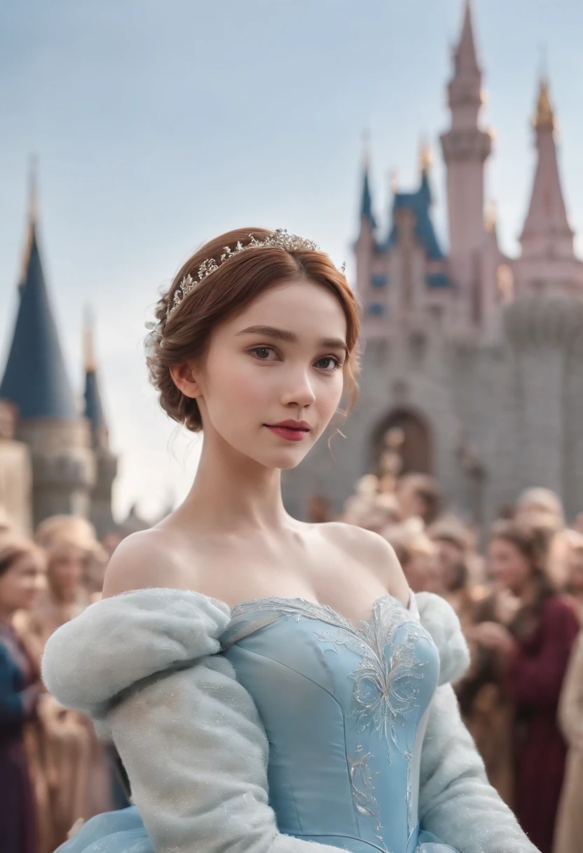 The picture should be 4K HD、Two nice and cute 14 year old girls、The details of the face are exquisite、Dress up as Elsa and Anna from Frozen、Two people are the same height、A round face、A skinny melon seed face、The background is Disney Castle、Fireworks、Do not show hands