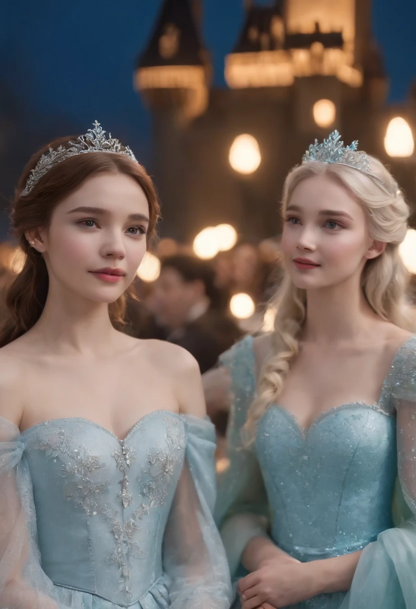 The picture should be 4K HD、Two nice and cute 14 year old girls、The details of the face are exquisite、Dress up as Elsa and Anna from Frozen、Two people are the same height、A round face、A skinny melon seed face、The background is Disney Castle、Fireworks、Do not show hands