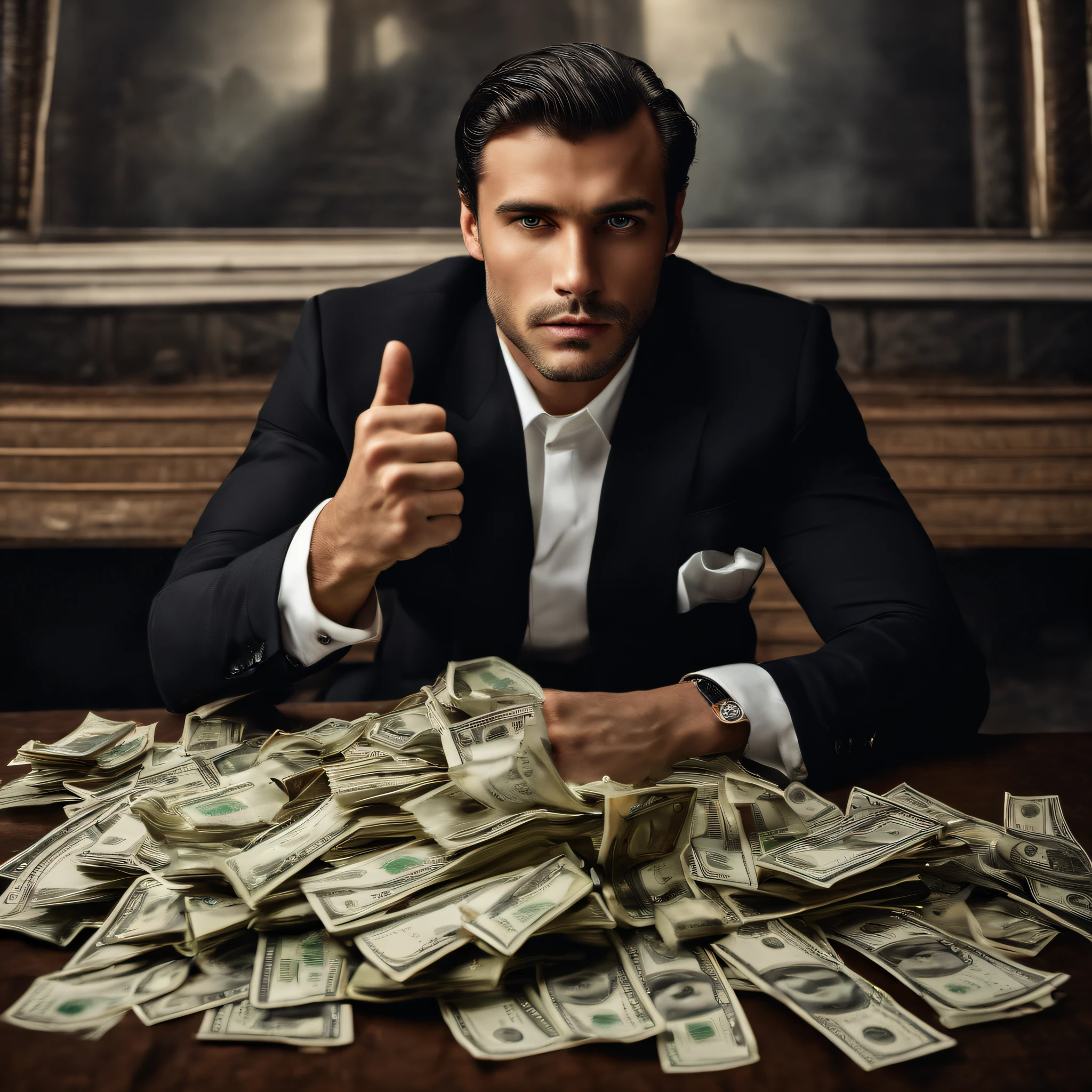 Handsome rich man,A pile of banknotes and coins in front of him, Real Photographics, Intense expression, Determined eyes, hold fists, Sweat dripped down his face, Ruffled suit, Crumbling dollar bills, Smoke rises in the background, Realism. (Best quality, A high resolution, Ultra-detailed), (Realistic:1.37), professional, Vivid colors.