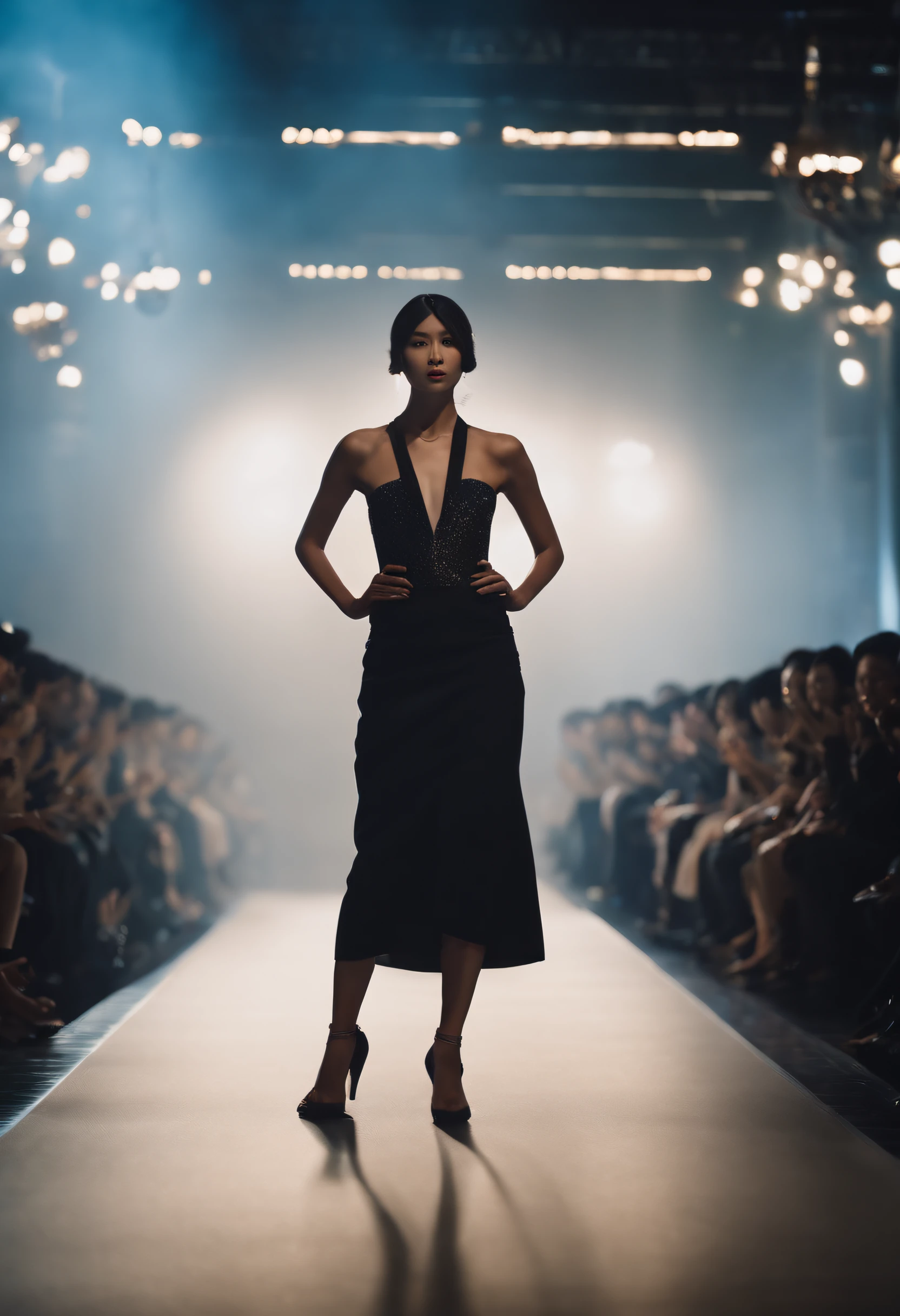 Masterpiece、top-quality、Photorealsitic、A hyper-realistic、A state-of-the-art Japanese-style fashion show with a glittering stage