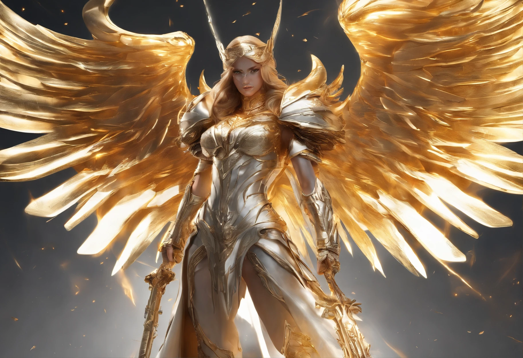 ((The Justice angel)),(take flame blade which reflect the dizzle light),burnning up in fire,equiped with golden armer,((eyes shinning gold beam)),background in holy beaming from the heaven,official art,epic