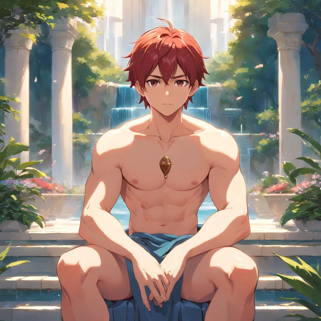 openshot of a beautiful muscular young man with red hair and short red beard is sitting calmly on his throne at Olympus, his gaze is serene and he coldly observes what he carries with his left hand, his exposed nude chest is athletic and strong demonstrating his goldly power and courage, parts of an armor that represents the rays of the sun covers his weist down and legs, the right arm rests on the throne while the left palm of his left hand carries a miniature world that represents earth, at his feet there are two young men in Greek tunics almost nude kneeling before him, the background is a garden full of fountains, Elysiums, paradise, 8k high res, La mejor calidad, Obra maestra, colores perfectos, perfectamente sombreado, perfect ilumination.