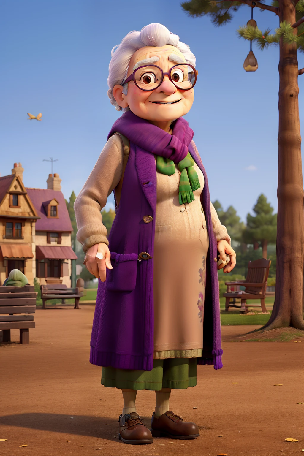 masterpiece, best quality, an old woman with glasses and a scarf on, wearing a purple coat and green scarf, standing at the park