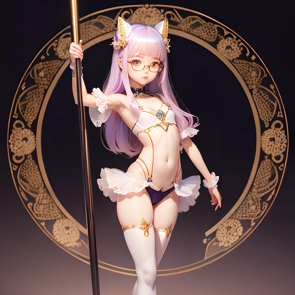 Transparent hair、hime-cut、Golden Eyes、eye glasses、10-year-old daughter、flat chest、Beautiful open legs、pole dance