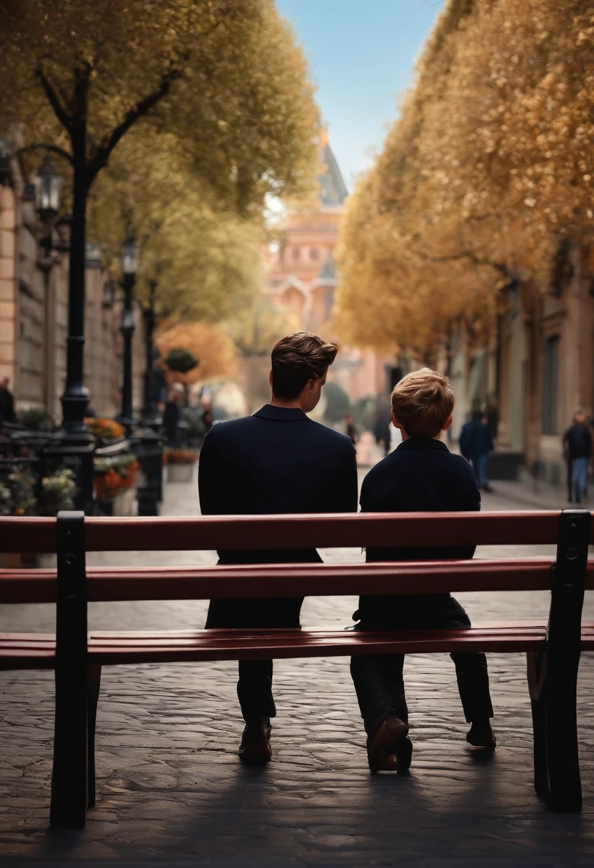 Um filme inspirado na Disney Pixar ( PARDO JOVEM COM CABELO LONGO CACHEADO LOIRO) in The scene being in the distinctive art of the Pixar style SITTING ON A BENCH WITH HIS HANDS IN HIS POCKET, Cool with long black pants and stylish black jacket