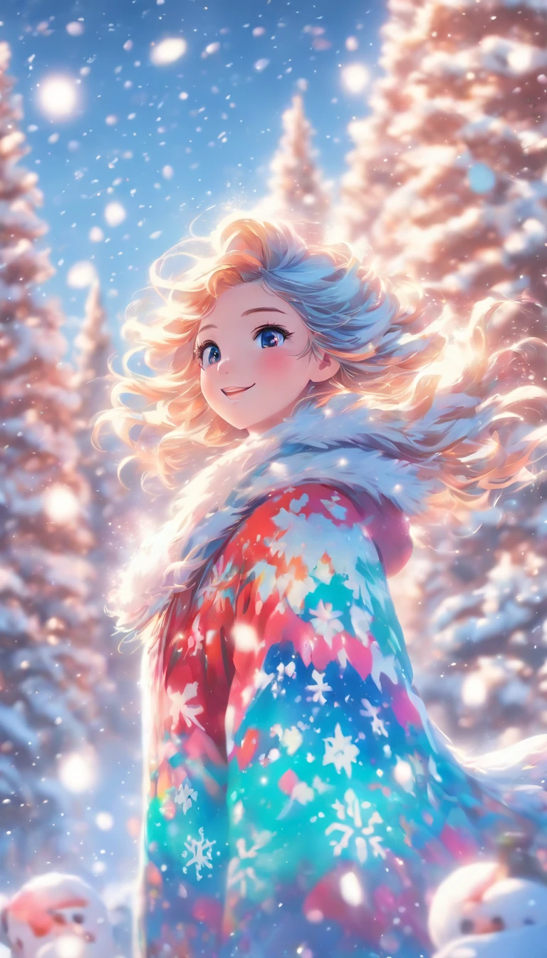In a fantastic landscape with falling snow、A woman standing in the style of pop art stands。Woman's bright hair flutters in the wind、Colorful snowflakes are fluttering around her。Snowflakes sparkle、The air is clear々It makes you feel cold。The woman's expression is full of calm and happiness.、You can tell that she herself is enjoying this snowy scenery。Around her are pop colorful snowmen and Christmas trees.、It adds an extra layer of glamour to the snowy landscape。Through this fantastic snowy landscape、It expresses the beauty and joy of winter。