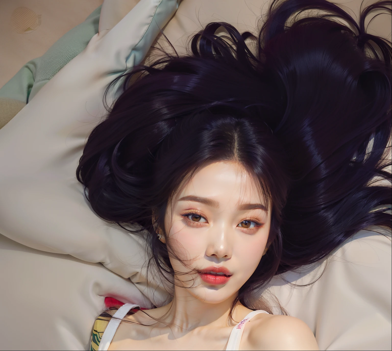 Asian woman araffed lying on a bed with her hair flying in the air, jennie blackpink, Mulher sul-coreana bonita, mulher coreana jovem bonita, linda mulher coreana jovem, cabelos ondulados espalhados, Jinyoung Canela, TaeJune Kim, Jaeyeon Nam, kwak ji jovem, atriz da Coreia, Heonhwa Choe, Lee Ji-eun