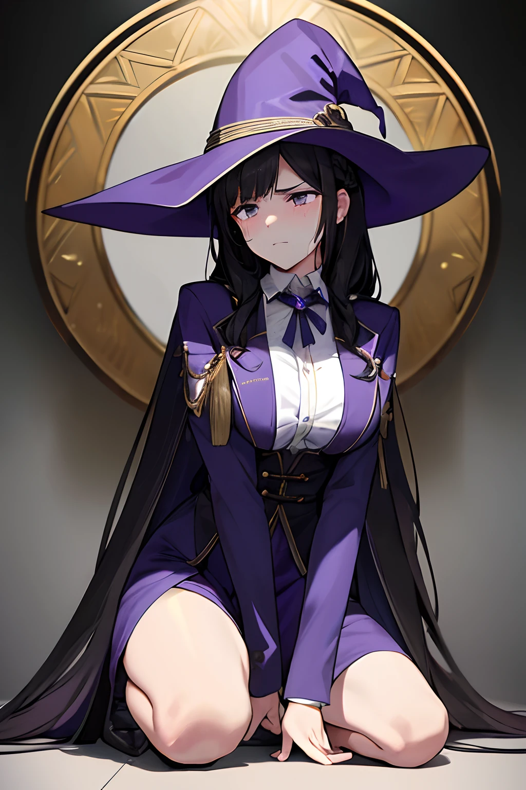 Appearance: Long black hair, with a French braid hairstyle that falls in a cascade. Golden eyes shining brightly, now clouded by tears. He wears a purple suit, fastened with combat signs and evidence of a struggle. Expression and pose: The witch sits on the ground, with her knees bent, her back hunched, and her hands extended forward in a gesture of supplication. Her face reflects sadness, with tears rolling down her cheeks and a desperate look seeking help and comfort. Atmosphere and context: The setting is dark and mysterious, with flashes of magic in the air suggesting a recent conflict. The witch appears to have been in an intense battle or confrontation, with signs of damage to her costume and minor injuries to her body.