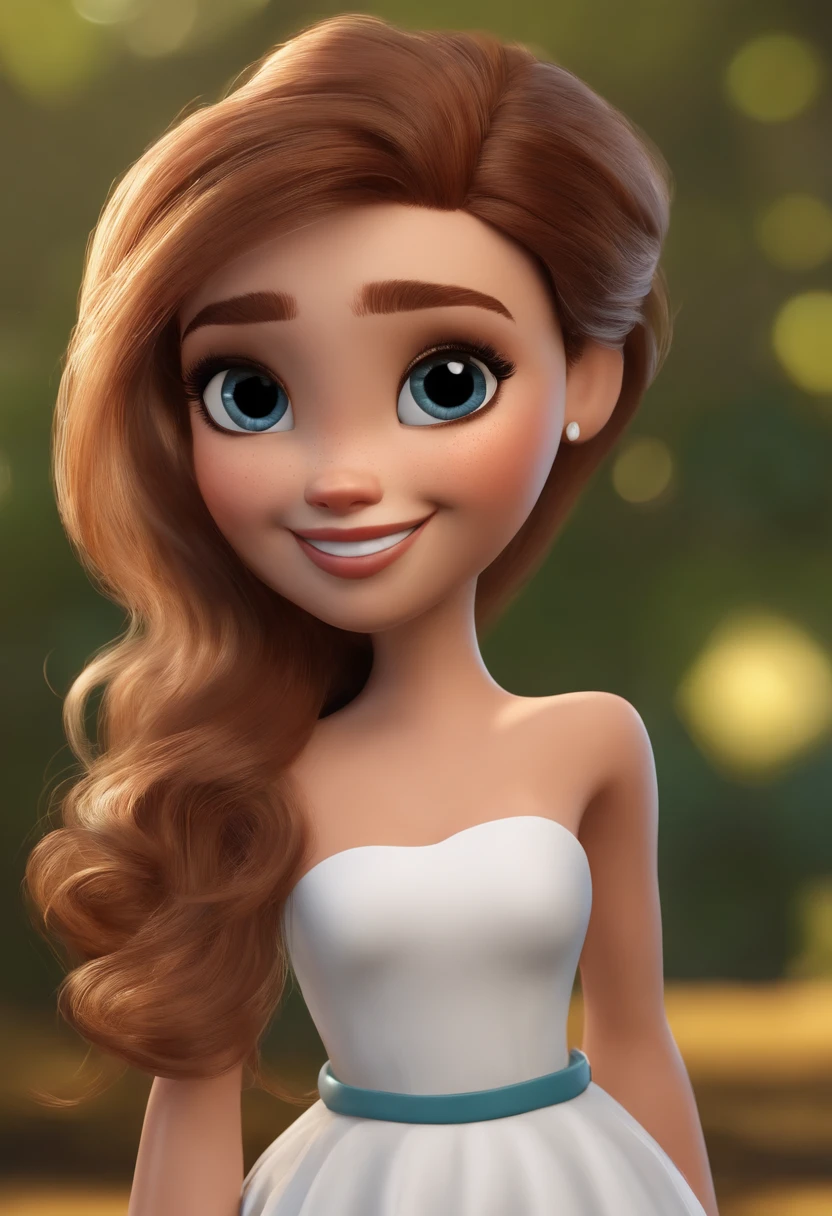 Mulher branca, olhos castanhos,cabelos curtos loiros e lisos, com 21 anos de idade, sorridente, vestido roupas estilosas, fundo branco, barnet, Tom, Estilo Pixar, ....3d, desenhos animados, rosto detalhado, asymmetrical 16k