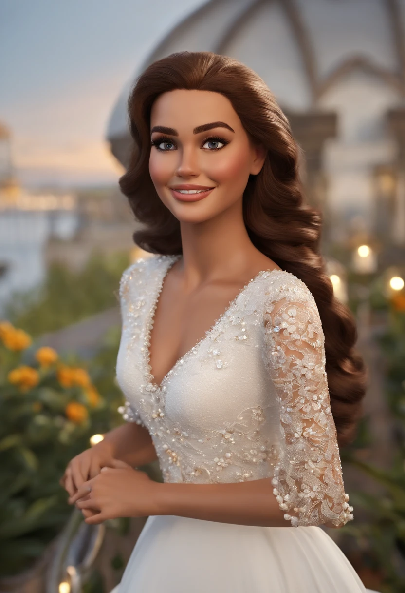Mulher branca, olhos castanhos,cabelos curtos loiros e lisos, com 21 anos de idade, sorridente, vestido roupas estilosas, fundo branco, barnet, Tom, Estilo Pixar, ....3d, desenhos animados, rosto detalhado, asymmetrical 16k