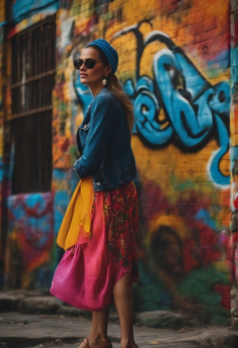 Foto realism, Muro junto a la calle, Graffiti en la pared, Cara de mujer en el fondo de graffiti, gente caminando por la calle, Colores claros, buen humor --auto --s2