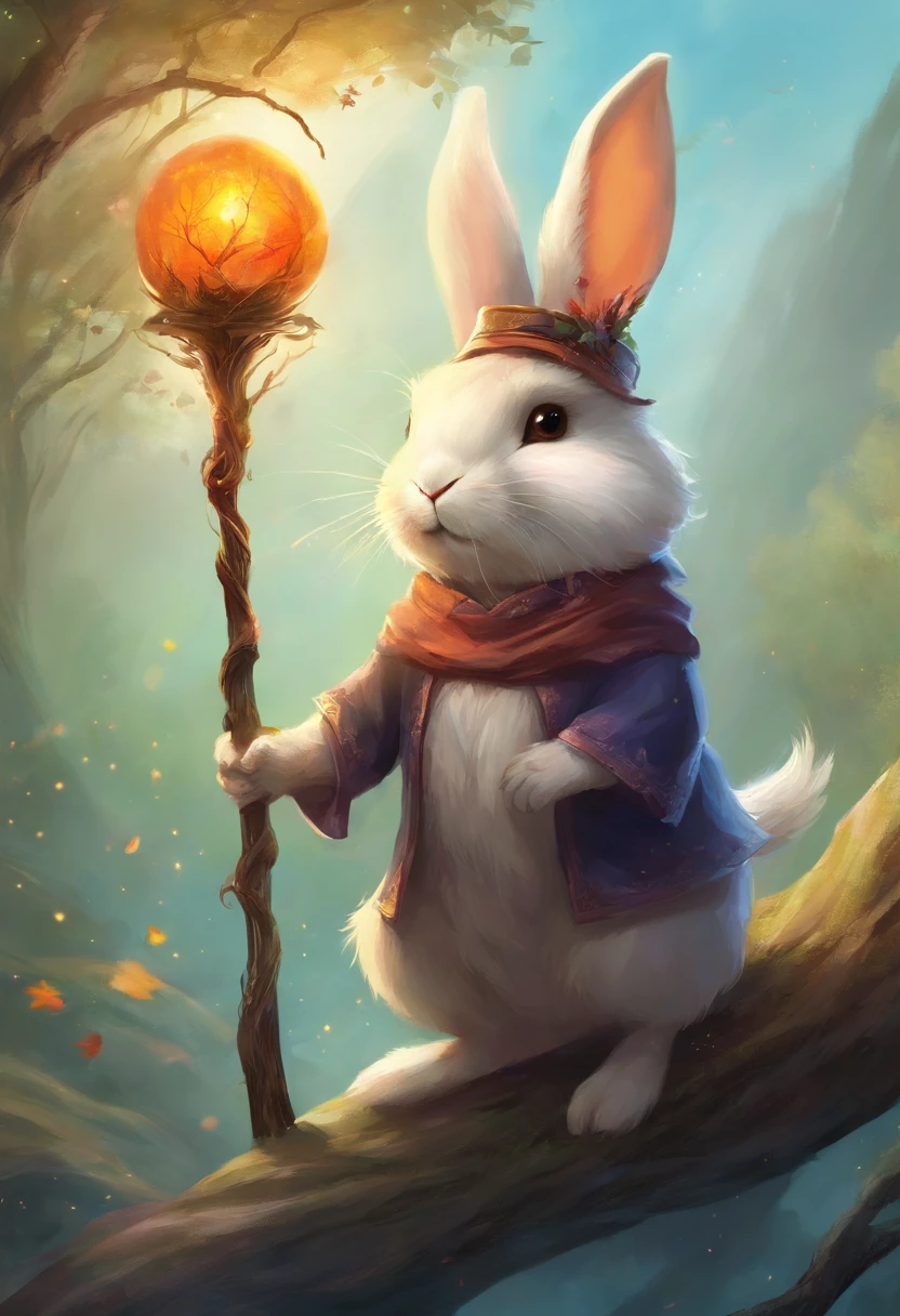 A cute rabbit wearing a witch's hat and doing magic with a tree staff.