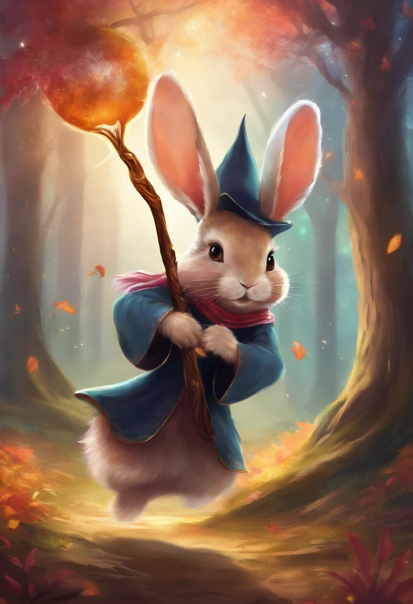 A cute rabbit wearing a witch's hat and doing magic with a tree staff.