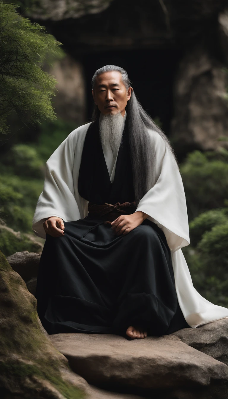 Close-up of a young Chinese Taoist leader sitting on a stone,long whitr hair,lbeard,Meditation cross-legged,Daoism, Wearing a black robe,magic aura,Taoist master,Taoist,at centre,Face the lens,Very bright colors, Light particles, with light glowing, Mshiv, wallpaper art, UHD wallpaper