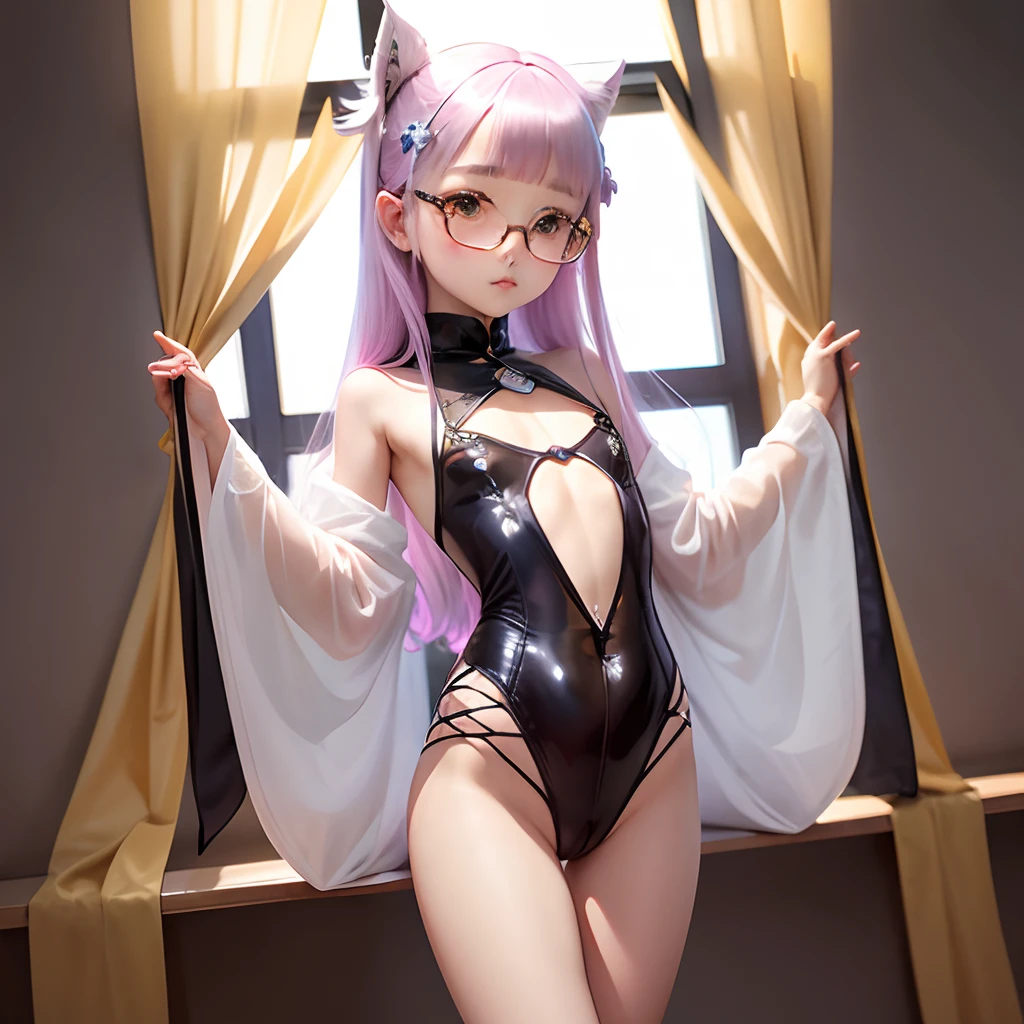 Transparent hair、hime-cut、Golden Eyes、eye glasses、-yeld dachest、Thin pubic hair、Beautiful open legs、pole dance