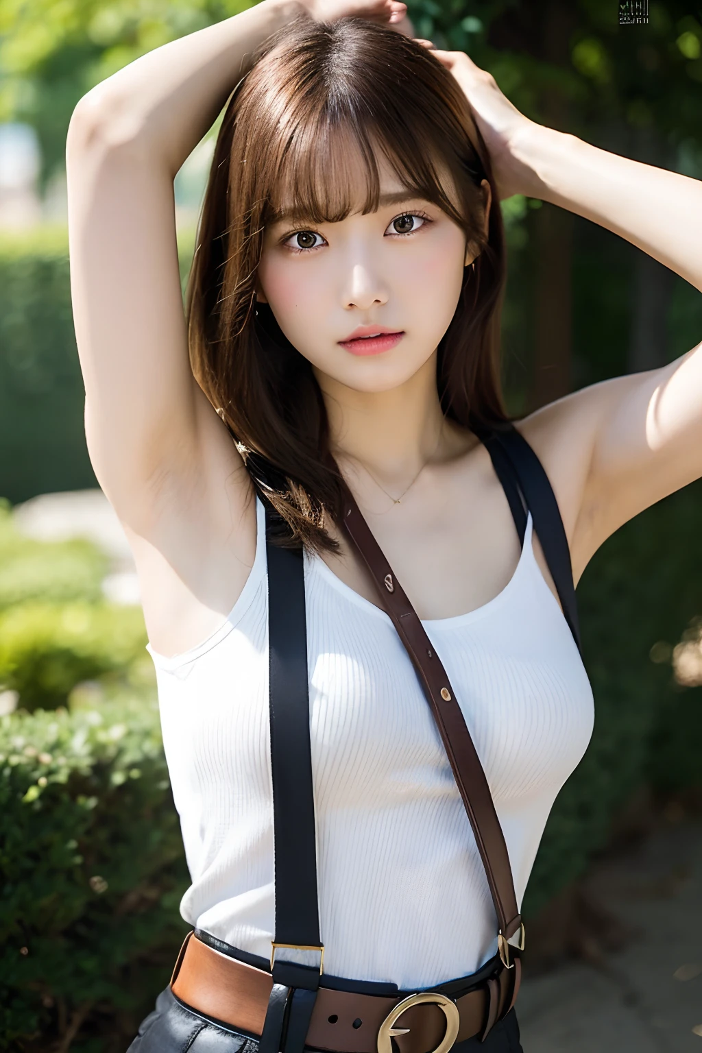 ​masterpiece、flat-colors、depth of fields、lens flare 1 girl、、Brown hair、watching at viewers　　　　a belt　black suspenders　　　large full breasts　　　 　 Armpit sweat　perspiring　Side of both hands　　walls: 　Black pants,  　Gaze　　　Small face　Bangs Upper Eyes　flank