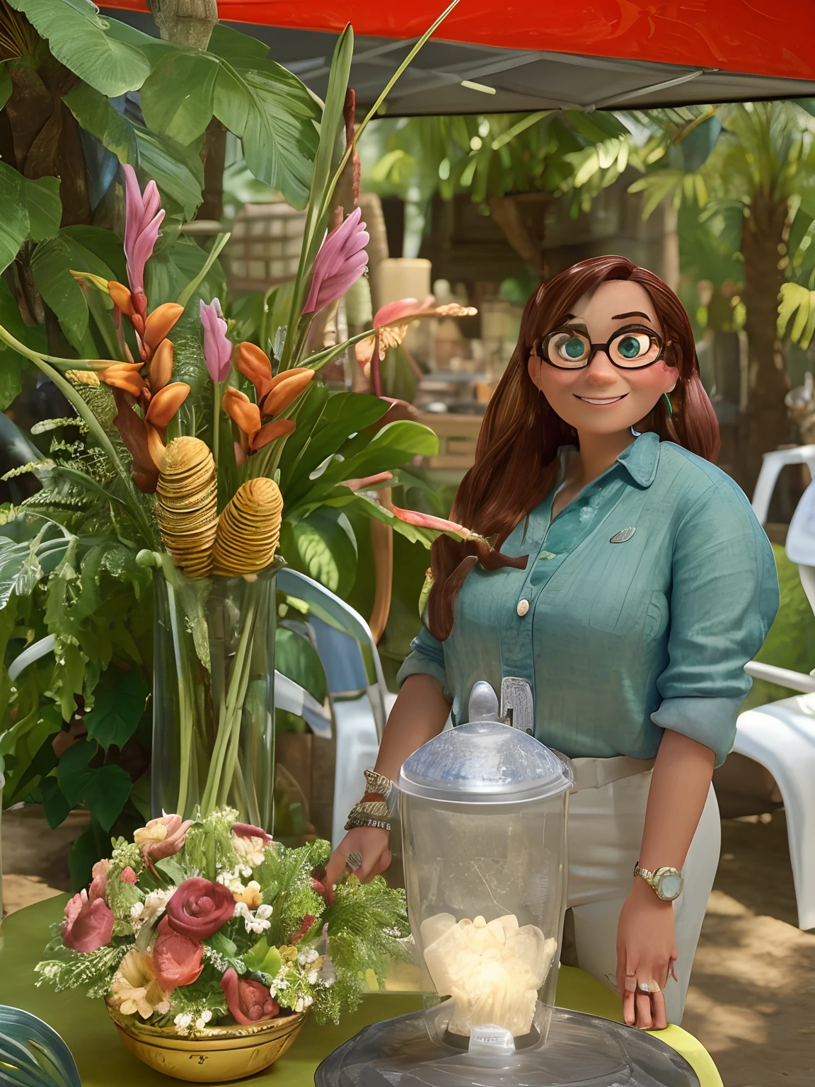 (best quality,Altas:1.2),(Estilo Pixar),Realistic,cartunesco,cabelos longos, wears glasses, sorridente