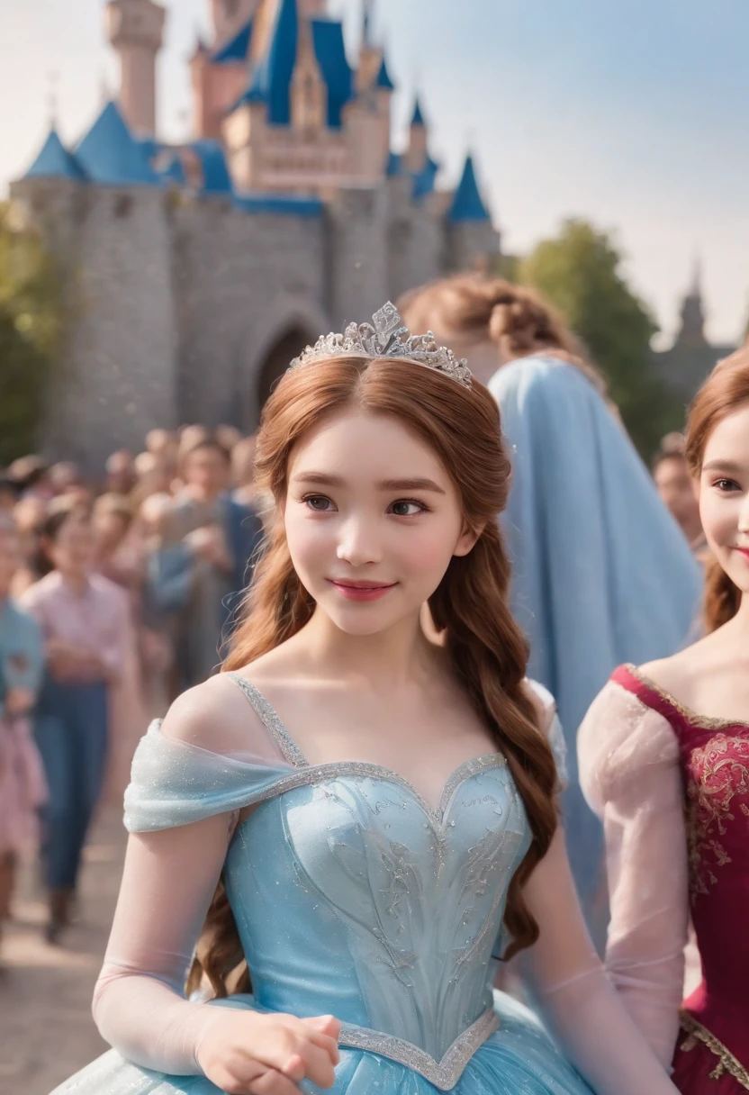 The picture should be 4K HD、Two nice and cute 14 year old girls、The details of the face are exquisite、Dress up as Elsa and Anna from Frozen、Two people are the same height、A round face、A skinny melon seed face、There was a crowd of joy far behind them、The background is Disney Castle、Fireworks、People in the crowd must not show their faces、Do not show hands