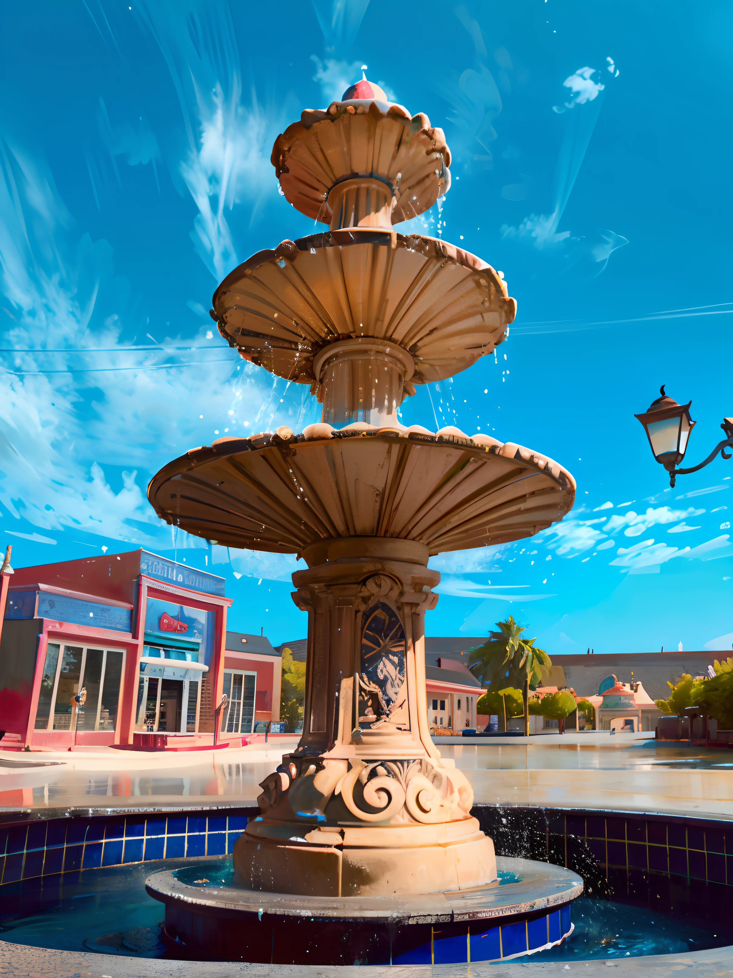 There's a cartoon face font with a bird on top of it, Fonte no meio, fountain of water, com Fontes fluidas, bebedouro, Fonte, imagem limpa, Fontes de azulejos, new mexico, Beautiful image, Fontes, Fonte da Juventude, vivid and detailed, with marble fountains, ornate and flowing, Central Mexico, statue is a fountain, inspirado na Cherryl Fountain. Rua da Disney pixar 3D, with blue sky, Green Animated Trees. Posto Colonial. cores vibrantes, igual cena de filme da pixar. The sky with cartoon clouds