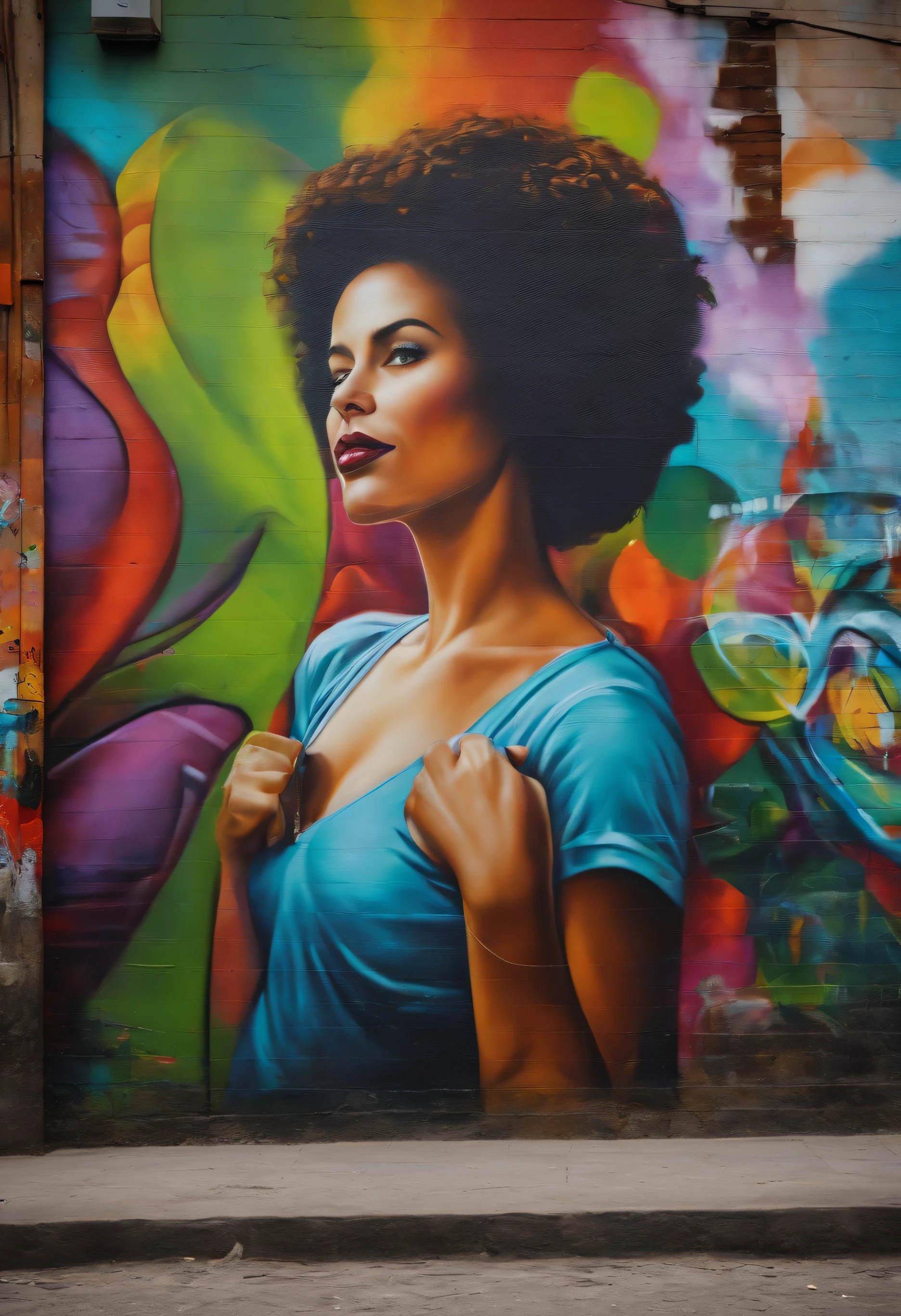 Foto realism, Muro junto a la calle, Graffiti en la pared, Cara de mujer en el fondo de graffiti, gente caminando por la calle, Colores claros, buen humor --auto --s2