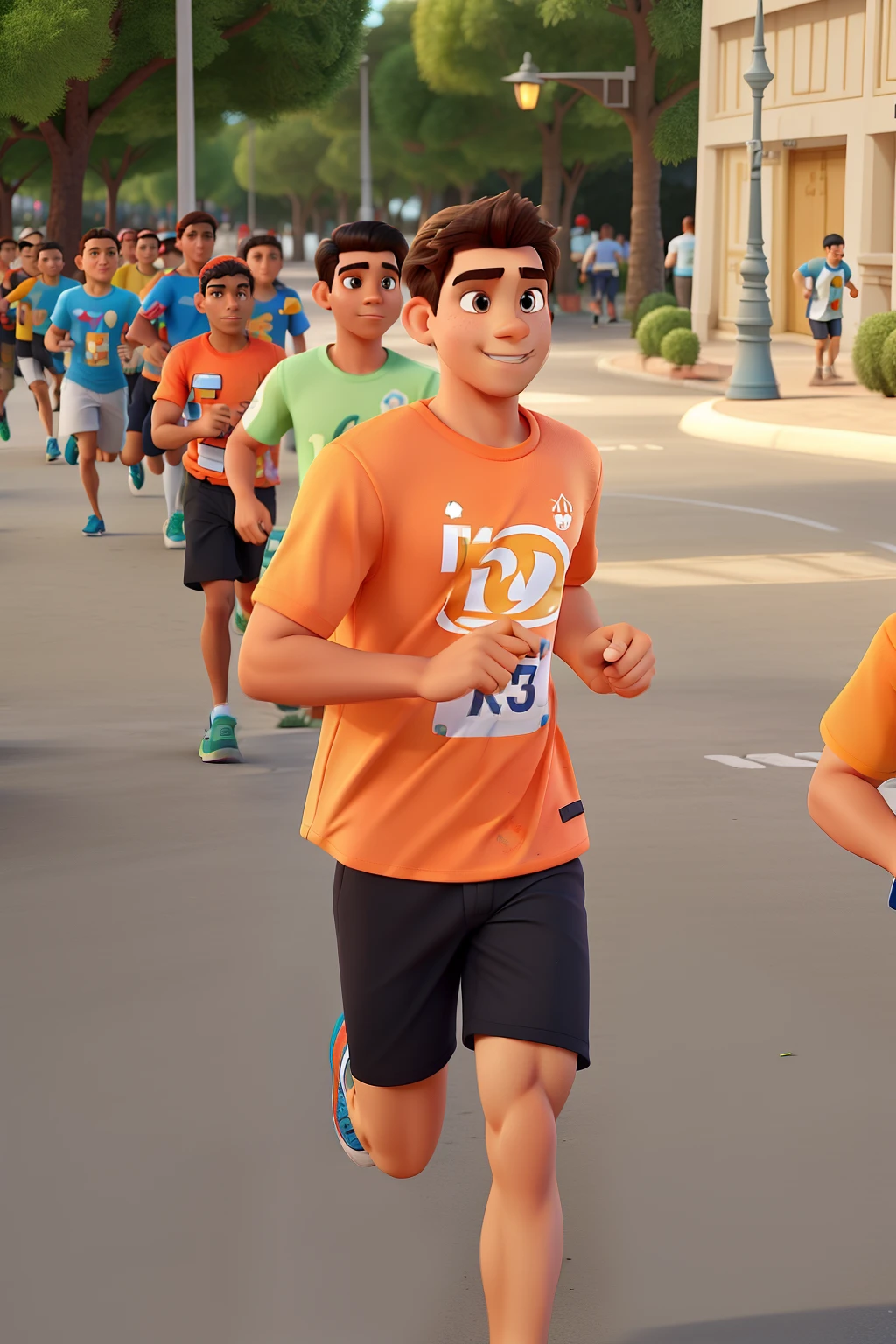 Um jovem correndo de branco , camisa laranja correndo em estilo Disney pixar 3d, Alta qualidade!