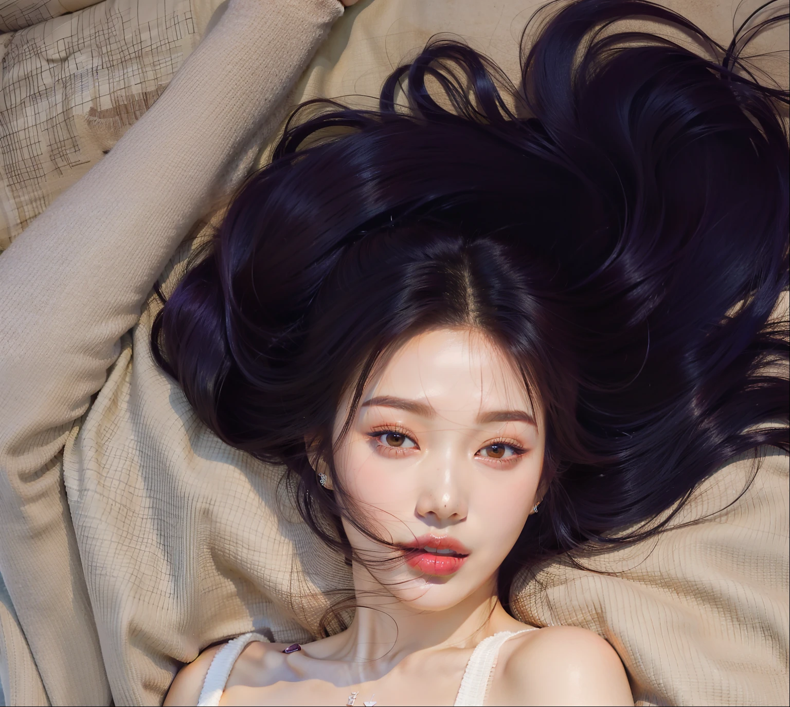 Asian woman araffed lying on a bed with her hair flying in the air, jennie blackpink, Mulher sul-coreana bonita, mulher coreana jovem bonita, linda mulher coreana jovem, cabelos ondulados espalhados, Jinyoung Canela, TaeJune Kim, Jaeyeon Nam, kwak ji jovem, atriz da Coreia, Heonhwa Choe, Lee Ji-eun