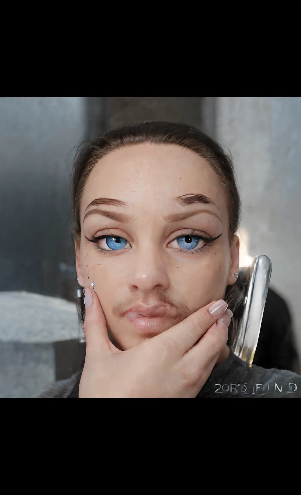 there is a man with a beard, hyperdetailed perfect face, perfectly clear face, wide forehead, with anxious piercing eyes, detailed perfect face, huge downslanted eyes, blue eyes and large forehead, piercing stare, detailed unblurred face, forehead only, real detailed face, perfect hyperdetailed face, frontal picture, black fingernails pointed fingernails.