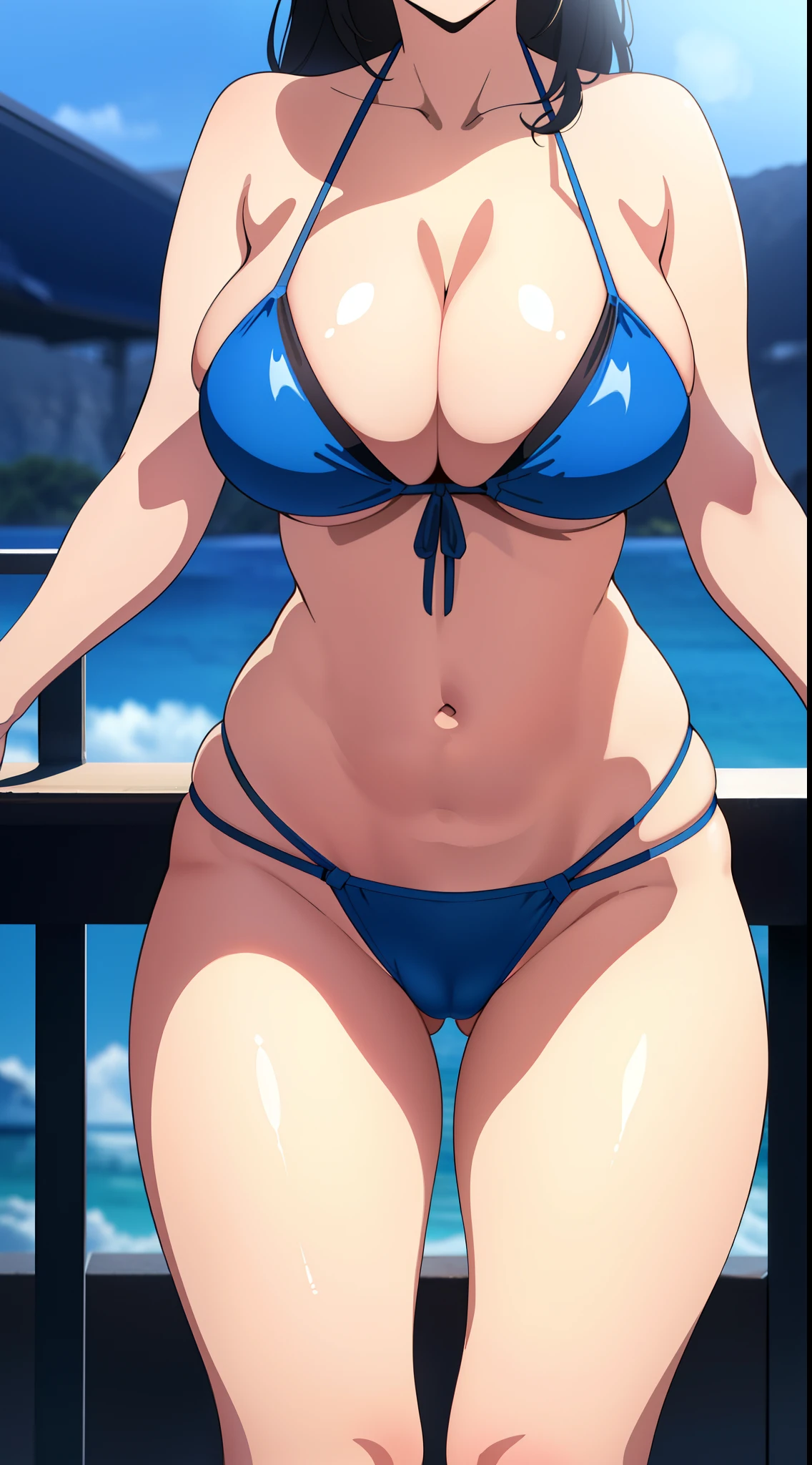 (best quality:1.5, highres, UHD, 4K, detailed lighting, shaders), (lower body, close shot), large breasts, cleavage, bikini, crotch, sexy, erotic, lewd