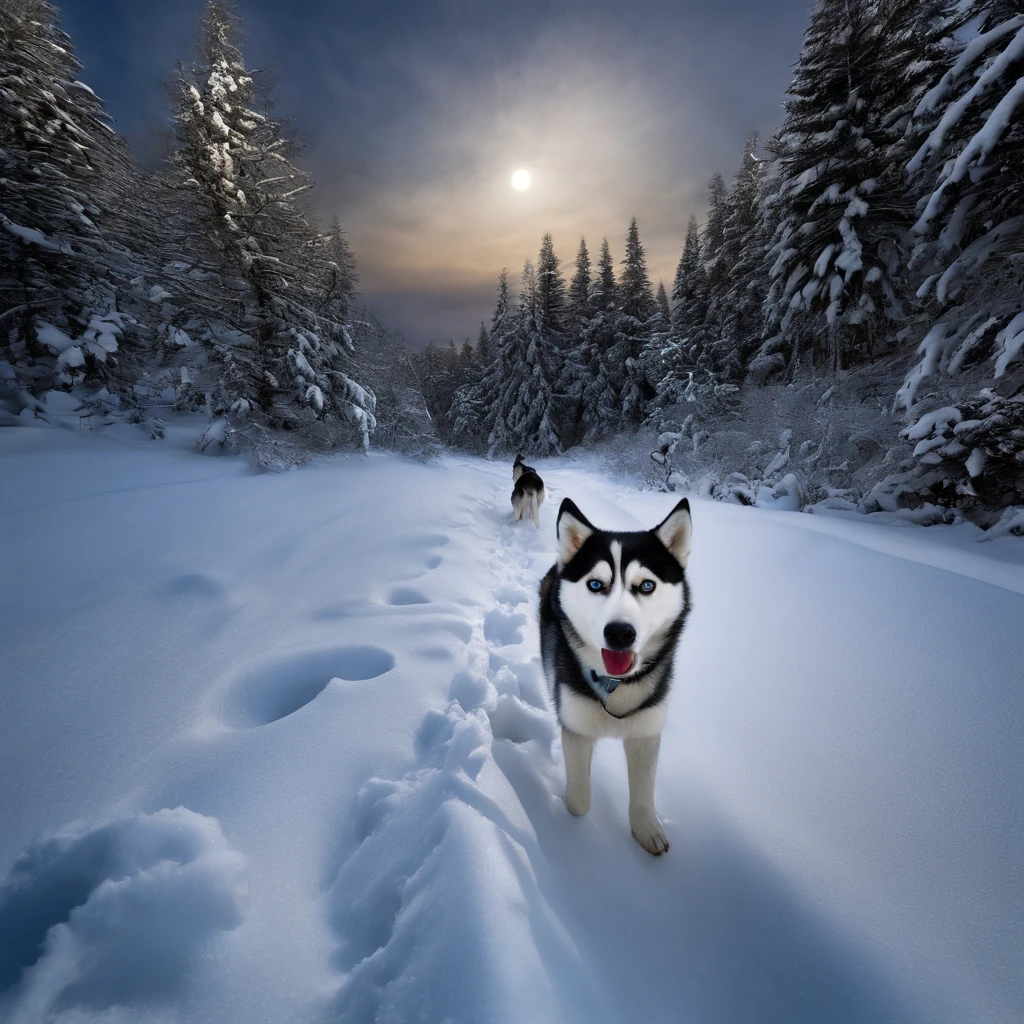 Husky Siberiano branco uivando Obra-prima pilar_Of_o_Universe Nature Snow Path Equirectangular Ideal Moon Meticulously Intricate Ultra_Ultra de alto detalhe_High_Ultra Pro-Photorealistic Ultra Resolution_High_qualidade ultra_agudeza