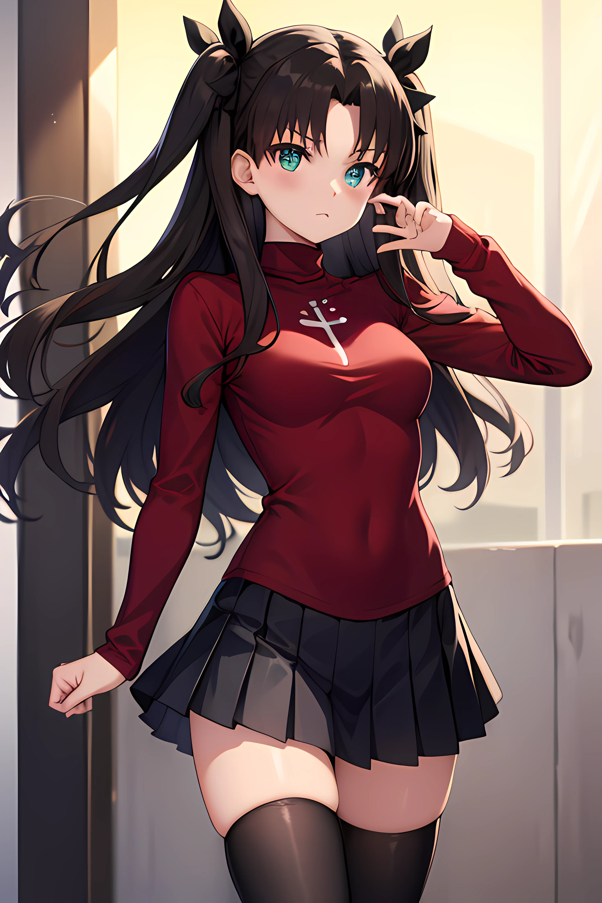 rintohsaka, rin tohsaka, aqua eyes, black hair, hair ribbon, long hair, ribbon, sidelocks, two side up, black skirt, black thighhighs, long sleeves, miniskirt, pleated skirt, ((red sweater)), skirt, sweater, thighhighs, turtleneck, looking at viewer,