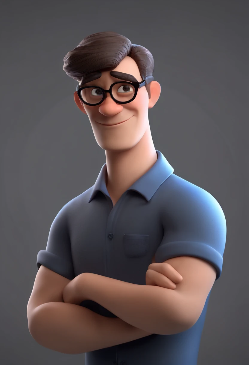 Cartoon character of a man wearing black glasses and a blue shirt, um personagem animado, Caractere estilizado, animation style rendering, 3D estilizado, Arnold Maya render, 3 d render stylized, toon render keyshot, Personagem 3D, Personagem 3D, 3d rendering stylized, 3 d character render, personagem de desenho animado, Personagem de close up, Pose de personagem, (Estilo Pixar) (master part:1.2) (Bokeh) (best quality) (pele detalhada) (textura detalhada) (8k) (argila) (Cinematic lighting) (foco nítido,Sit and leak upper body André Stutz style