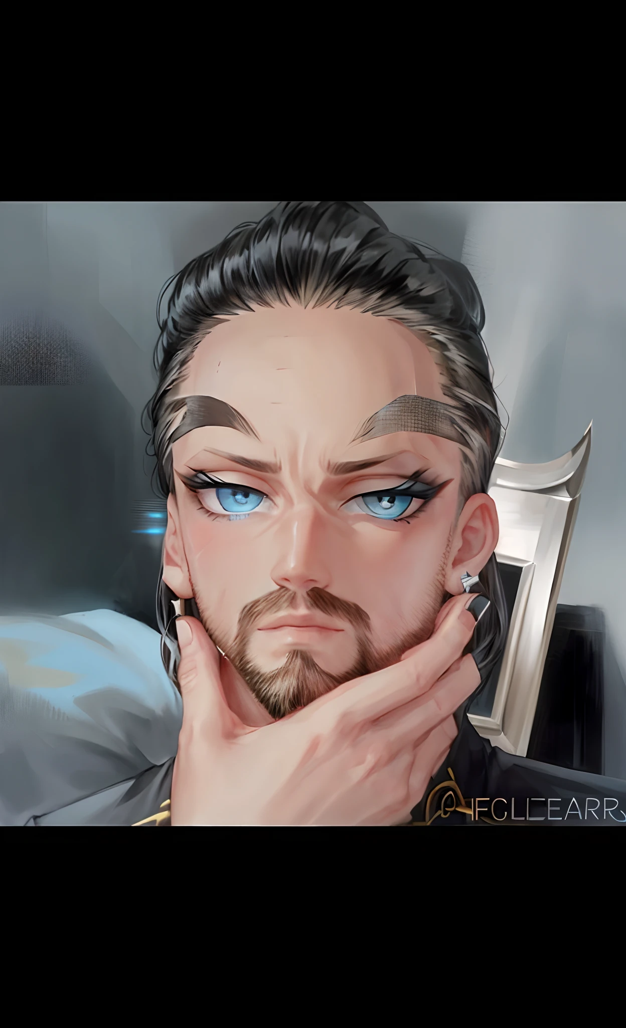 there is a man with a beard, hyperdetailed perfect face, perfectly clear face, wide forehead, with anxious piercing eyes, detailed perfect face, huge downslanted eyes, blue eyes and large forehead, piercing stare, detailed unblurred face, forehead only, real detailed face, perfect hyperdetailed face, frontal picture, black fingernails pointed fingernails.