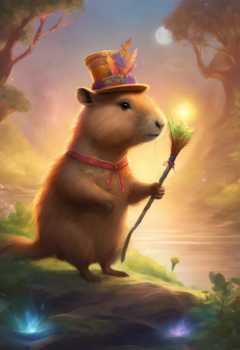A cute capybara wearing a hat and doing magic with a tree staff.
