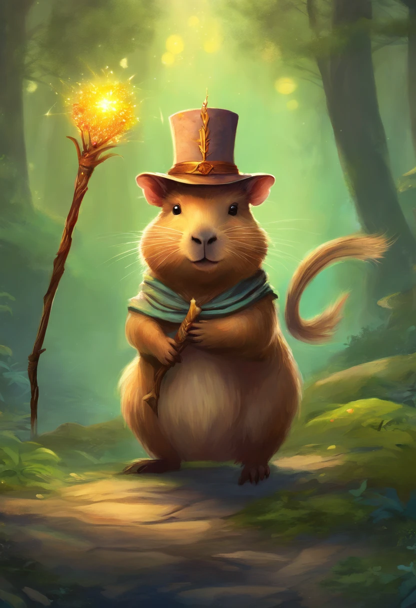 A cute capybara wearing a hat and doing magic with a tree staff.